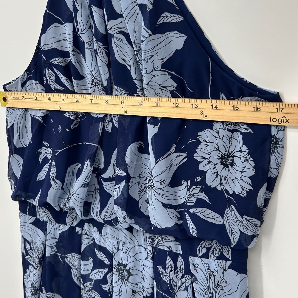 Eliza J Navy Blue Floral Halter Neck Blouson Pleated Chiffon Dress Size 8 - Picture 6 of 7